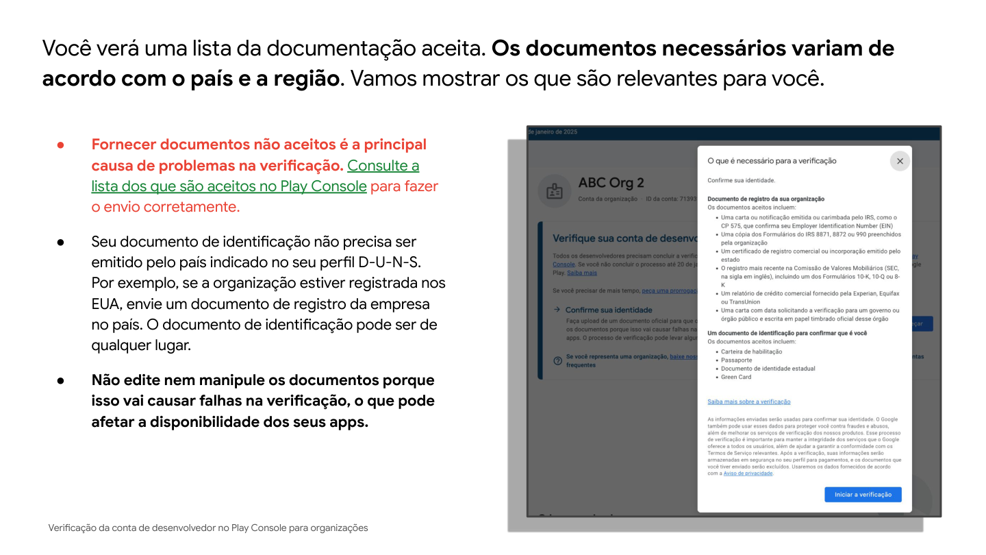 Lista de documentos aceitos no Play Console