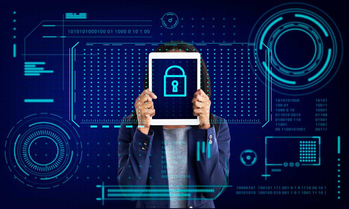 Woman holding a tablet with a padlock